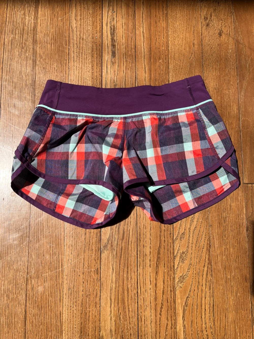 Lululemon Athletic Shorts with - Red and Purple Plaid - Purple Waistband